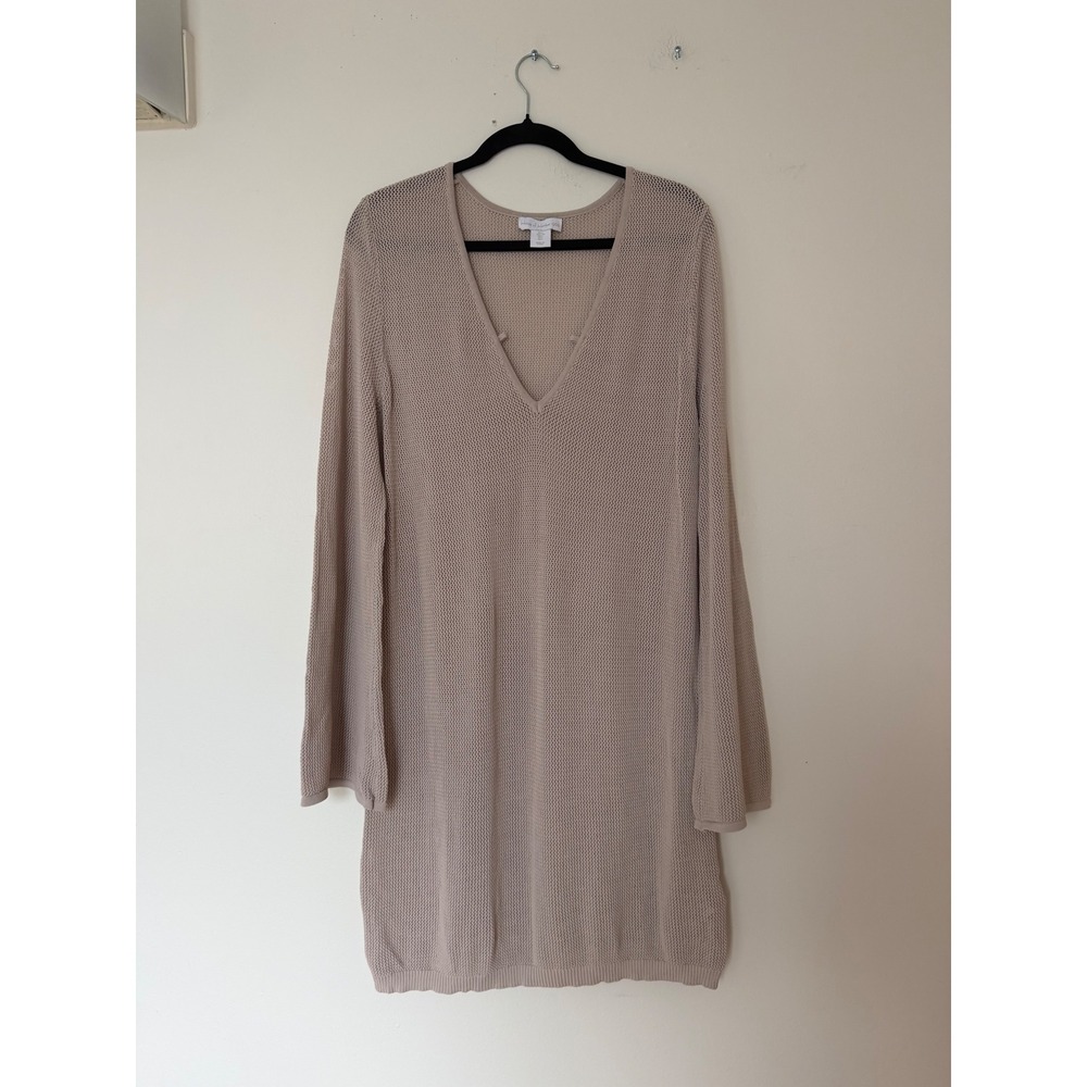 House of Harlow 1960‎ Womens Taupe V-Neck Open Knit Long Sleeve Dress L coverups